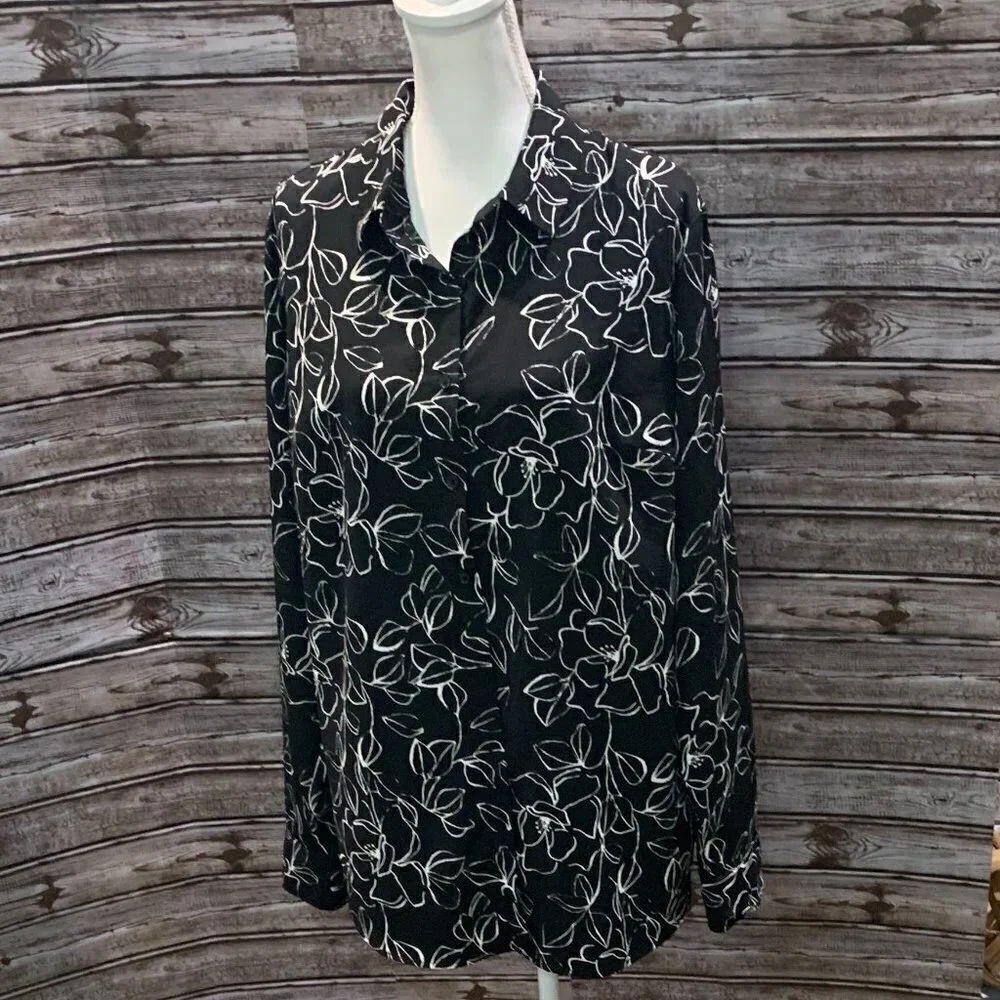 A.new day Black & White Button Front Floral Shirt